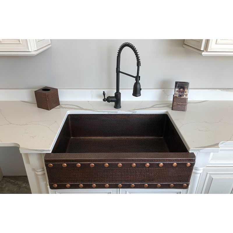 33-in Hammered Copper Apron Front Single Basin Kitchen Sink w/ Barrel Strap Design (KASDB33229BS)