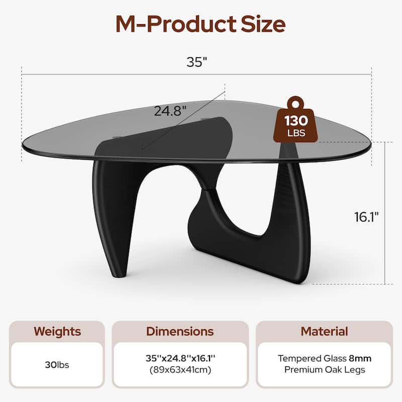 Mid Century Triangle Coffee Table Tempered Glass Top With Rubber - Grey Glass M Size 