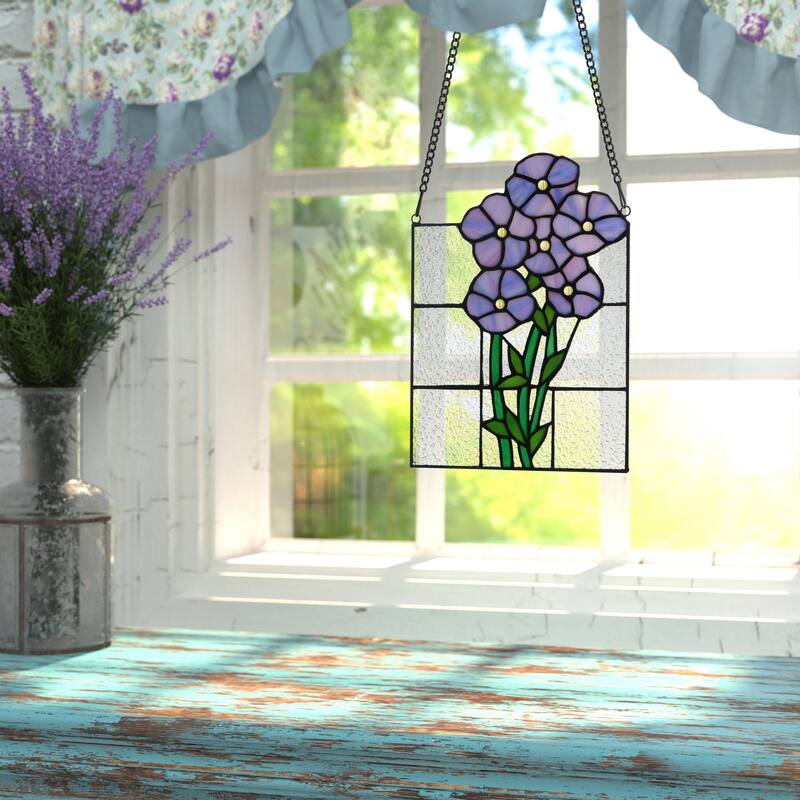River of Goods Forget Me Nots in Bloom River of Goods Purple, Clear and Green Stained Glass Window Panel - 7.5" x 0.25" x 10"