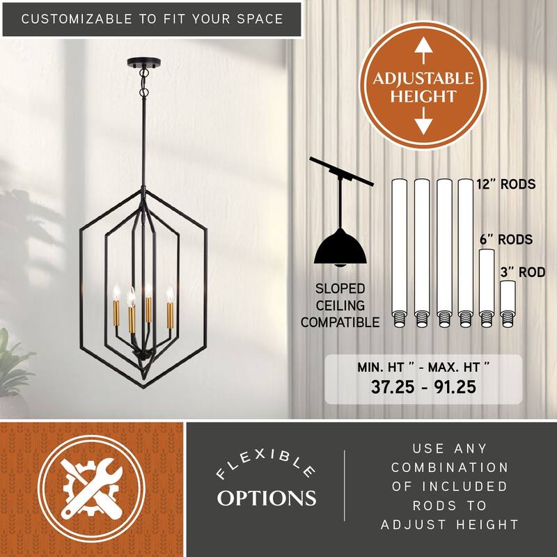 Riley 4 Light Black and Satin Brass Contemporary Geometric Cage Pendant Light - 18-in W x 28.75-in H x 18-in D