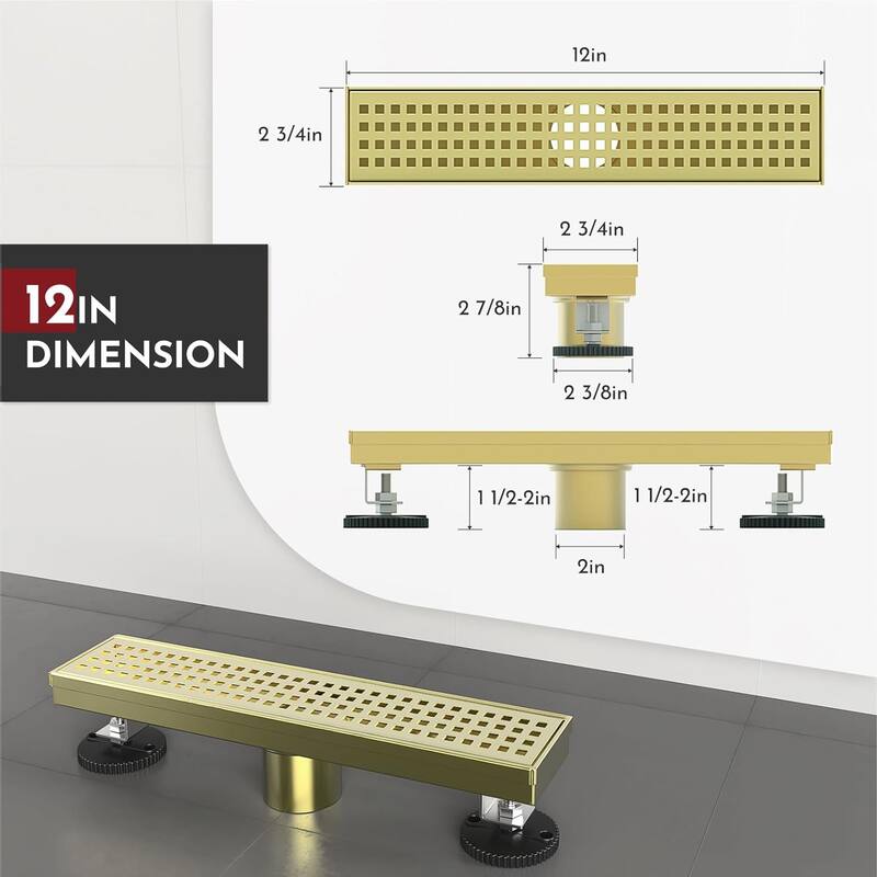 12-Inch Linear Shower Floor Drain, Square Hole Grate - 12 inch
