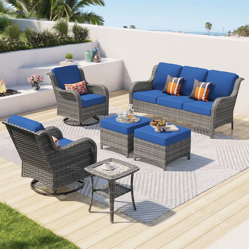 OVIOS 6-piece Patio Wicker Conversation Set with Swivel Chairs