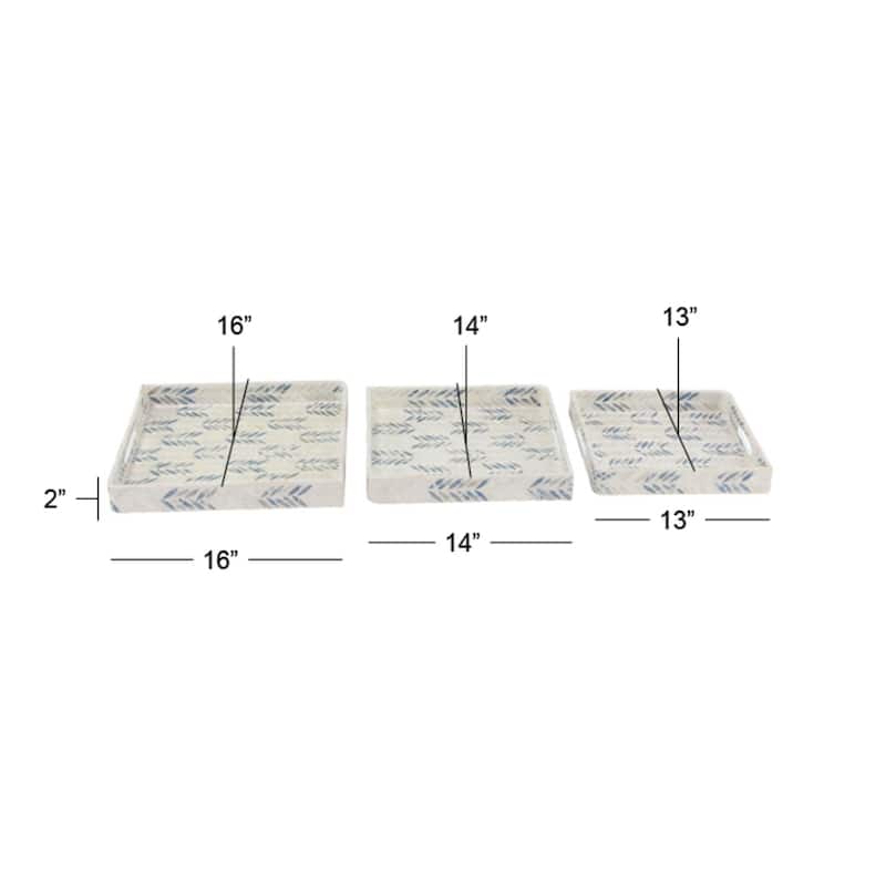 Mother of Pearl Shell Tray with Checkerboard Pattern - Set of 3 White - Roche River Decor - 16"W x 16"L x 2"H