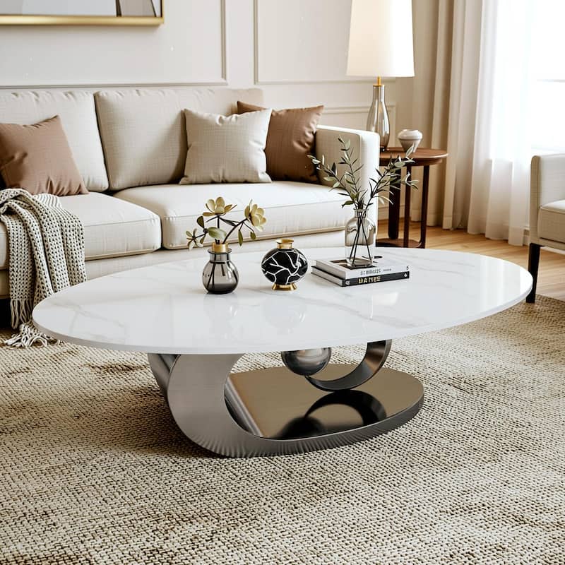 Homy Casa Luxury Oval Coffee Table, High-Gloss Faux Marble Top, Electroplated Brushed Stainless-Steel Sculptural Christmas Gift
