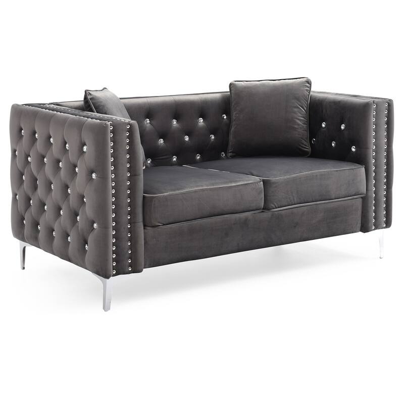 Button Tufted 3-Seater Velvet Sofa with Throw Pillows - 86" - Gray