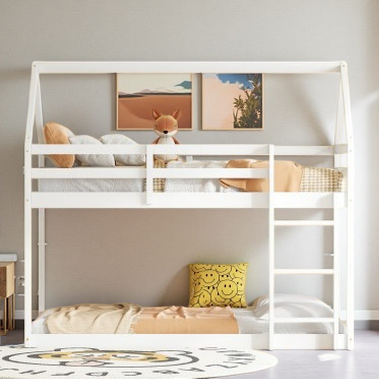 House-Themed Wooden Bunk Bed with Roof, Guardrails & Low Ladder for Twin Size Mattress