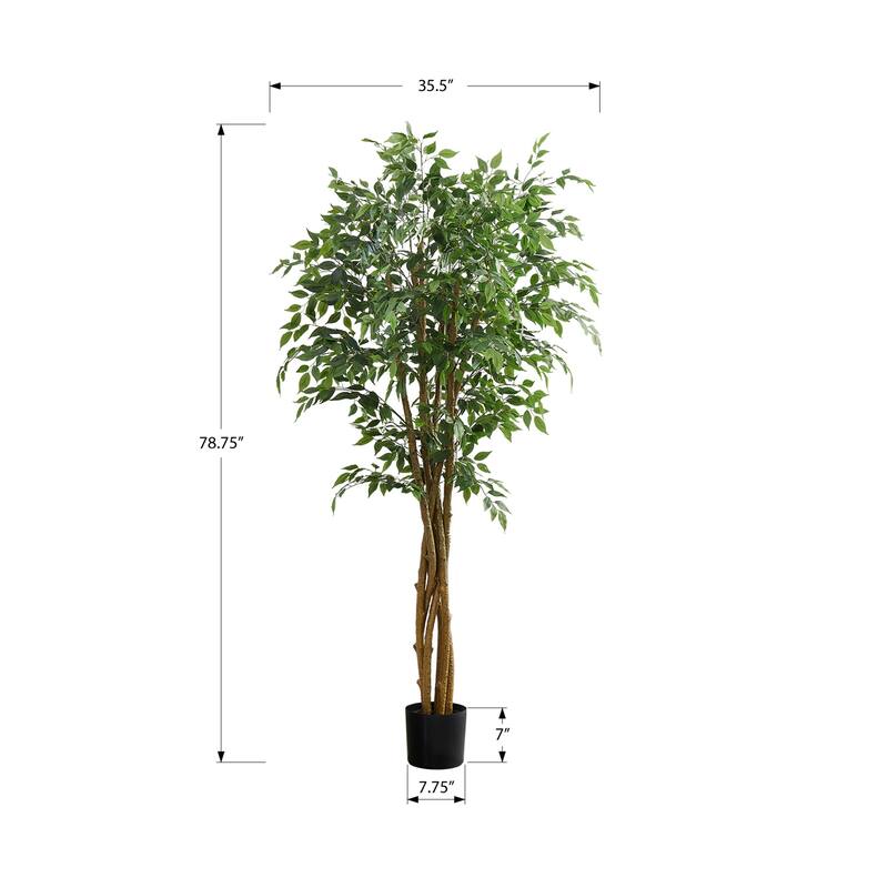 Artificial Plant, 79" Tall, Ficus Tree, Floor, Real Touch, Potted, Green Leaves, Black Pot