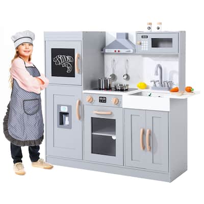 Wooden Play Kitchen for Kids with Cookware Playset,Lights & Sounds,20 Accessories and Ice Maker,Microwave,Oven,Range Hood,Sink