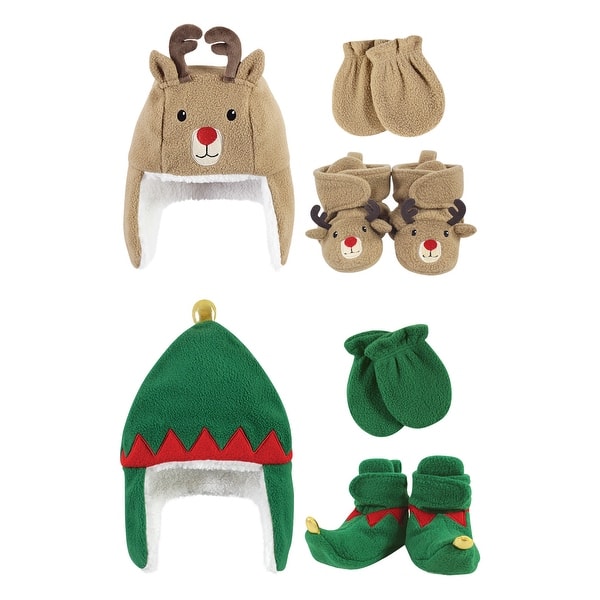 slide 1 of 1, Hudson Baby 6Pc Trapper Hat, Mitten and Bootie Set, Green Elf Reindeer 12-18 Months - Green Elf Reindeer