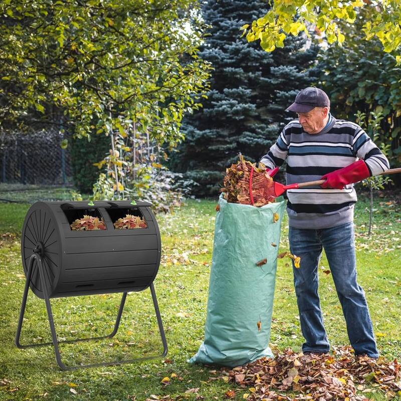 Dual Chamber Tumbling Composter, 43 Gallon Outdoor Tumbling Composter, Rotating Design with Renovate Doors and Steel Frame