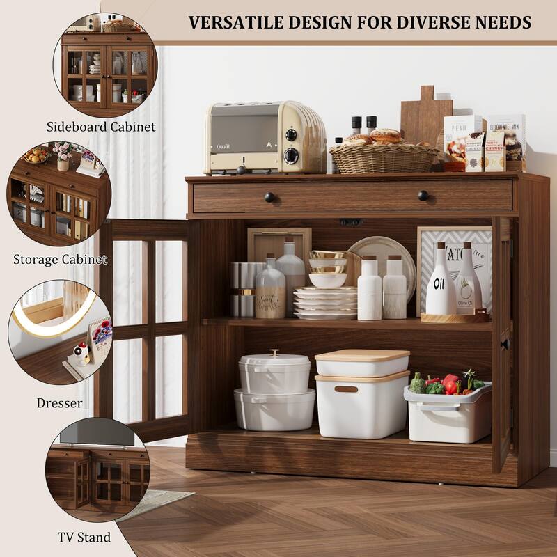 35.4" Sideboard Buffet Cabinets with Glass Door,Buffet Cabinet with Storage,White&Brown Sideboard Cabinet with Drawer