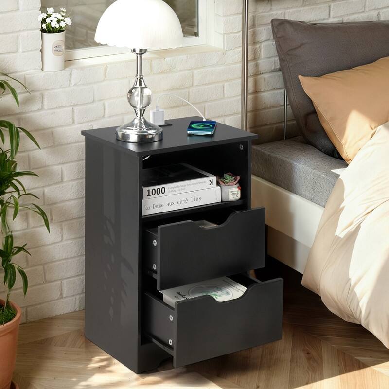 15.7"W Nightstand, P2 Particleboard, Matte Melamine, Handleless, 2 Drawers, US Outlet - Black-1