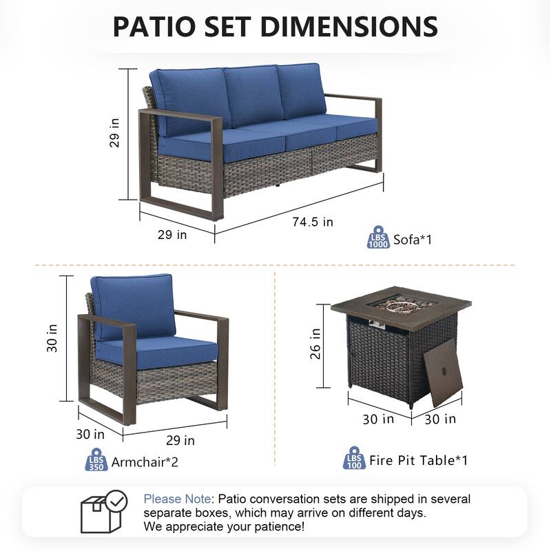 Pocassy Outdoor Fire Pit with 3-Seat Sofa Club Chairs Patio Furniture Set
