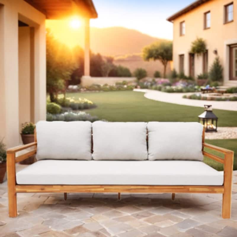 Modern Outdoor Acacia Wood Sofa with Cushions and Wooden Armrest - Wood
