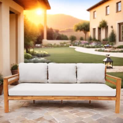 Modern Outdoor Acacia Wood Sofa with Cushions and Wooden Armrest