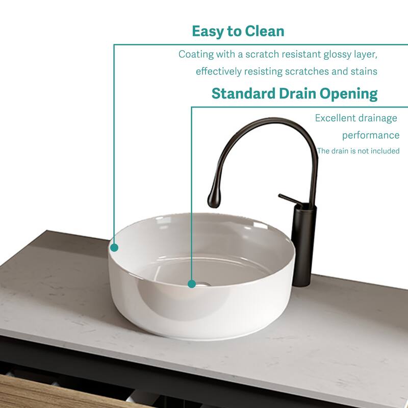 GDFStudio - Modern Sleek Vessel Integrated Round Ceramic Basin with Glossy Finish, Drain Not Included - 15.56"