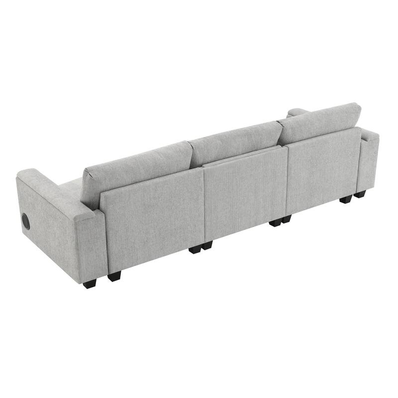 Chenille Cloud Sofa with Cup Holders, USB Port & Bluetooth Speaker, Convertible Loveseat with Drop Down Table & Storage Armrest