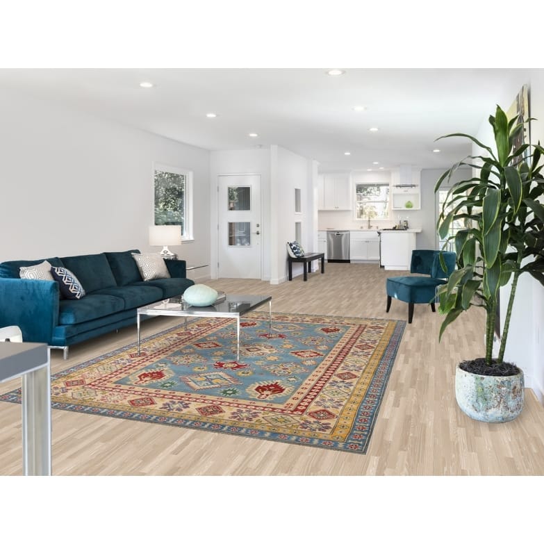 Hand Knotted Oriental 100% Wool Carpet Traditional Geometric Navy Blue & Blues Kazak Area Rug - 9' 6'' X 6' 6''