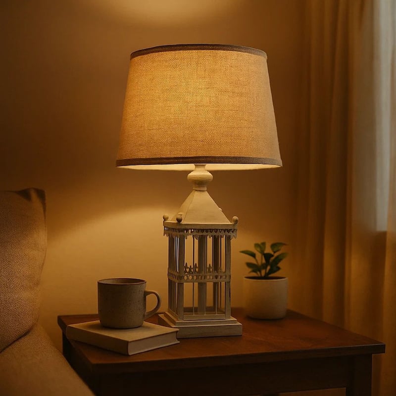 Metal Temple Design Base Table Lamp with Fabric Shade, Beige and Gray