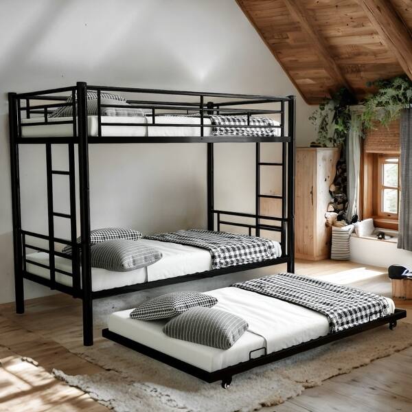 slide 2 of 7, Black Metal Twin over Twin Bunk Bed Kids Bed with Trundle,Save Space or Split Into 2 Beds Black