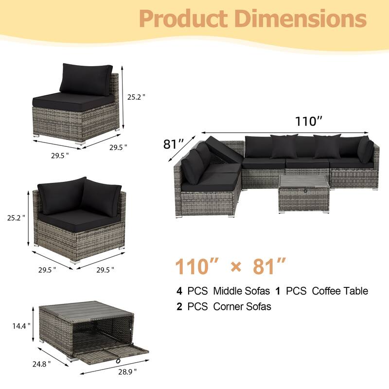 EROMMY 6/7 Piece Modular Outdoor Rattan Sofa Set, All-Weather Wicker Patio Furniture with Storage Table, Cushions & Pillows