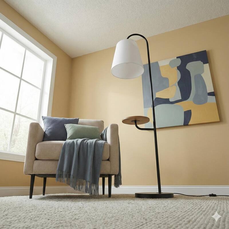 Linda Black Floor Lamp with Built-in Wooden Shelf and Fabric Shade