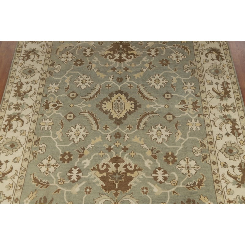 Light Green Floral Oushak Indian Area Rug Hand-Knotted Wool Carpet - 9'2" x 12'1"