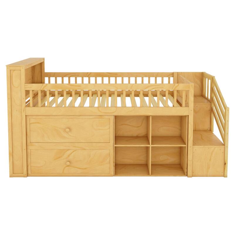 Twin Size Low Loft Bed with LED, Stairs, Storage Drawers, and Shelves, Natural