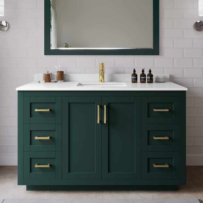 Wyndham Collection WCF292954S-QTZ-UNSMXX Miranda 54" Free Standing - Green / White Quartz Top / Brushed Gold Hardware