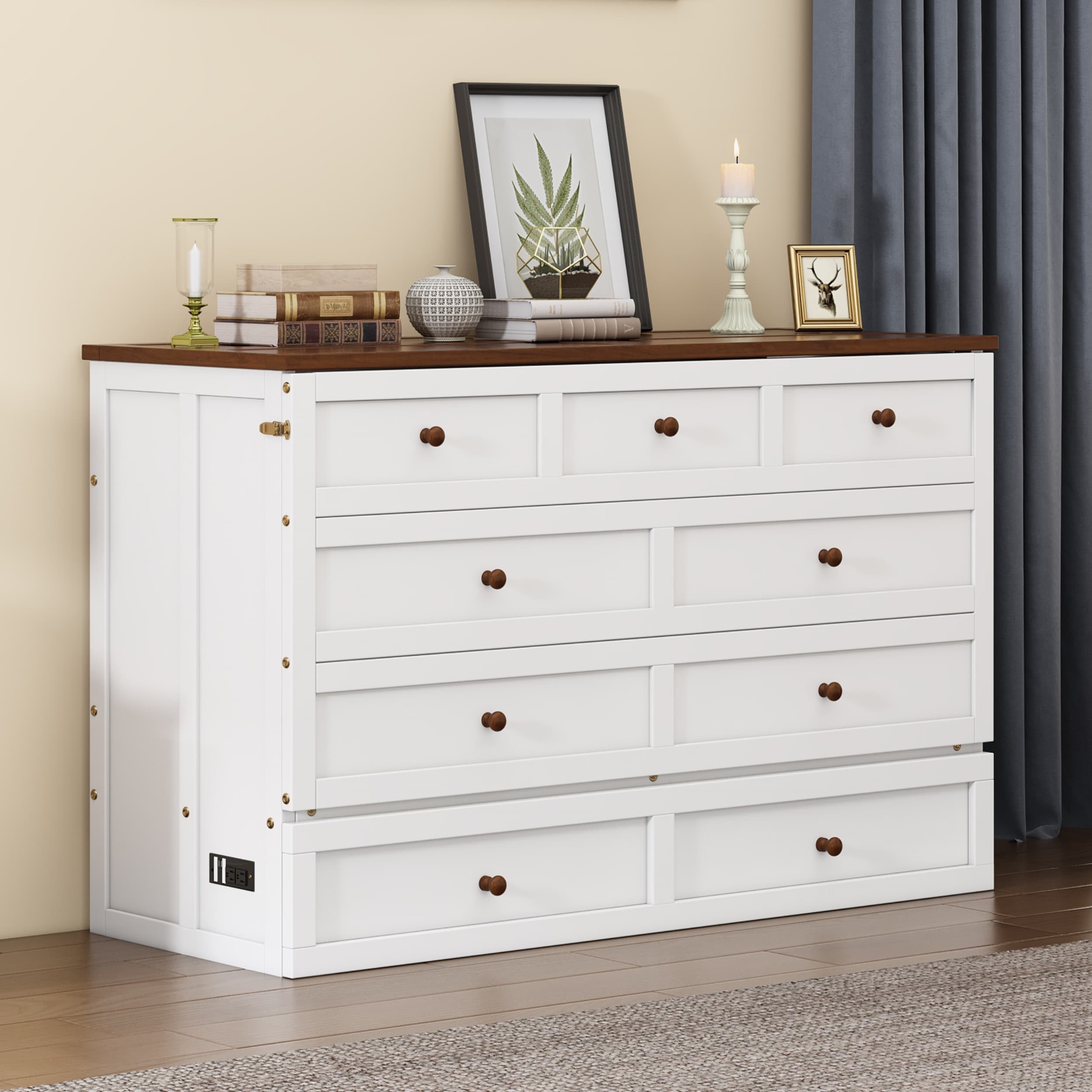 Queen Murphy Bed Chest, Pine Wood with Storage & Charging Station 