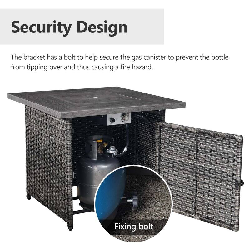 Glissia 5-Piece Gray Wicker Swivel Glider Fire Pit Set with Square Wicker Fire Table