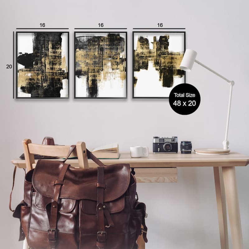 Stupell Bold Black Brushstrokes Golden Distressed Accent, 3pc Multi Piece Framed Wall Art Set