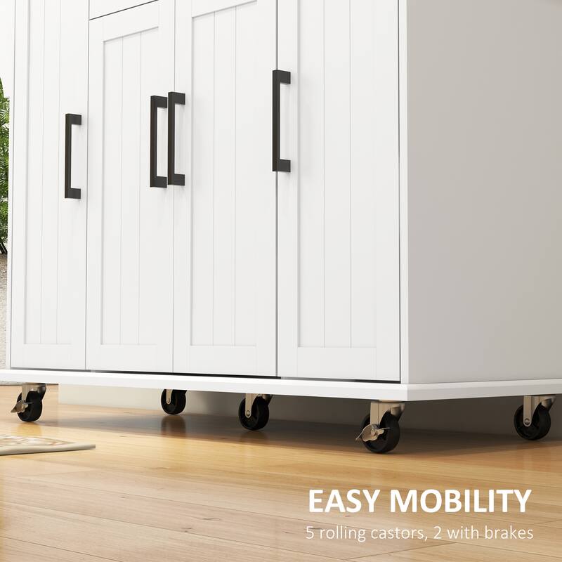 Kitchen Island on Wheels, Rolling Cart with Rubberwood Top, Drawer, Spice Towel Rack, Storage Cabinet with Adjustable Shelves