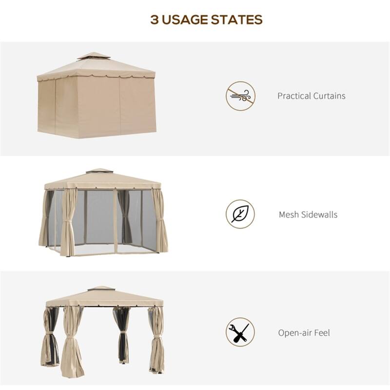 Khaki Aluminum Steel Polyester Outdoor Gazebo Tent with Mesh and Curtains