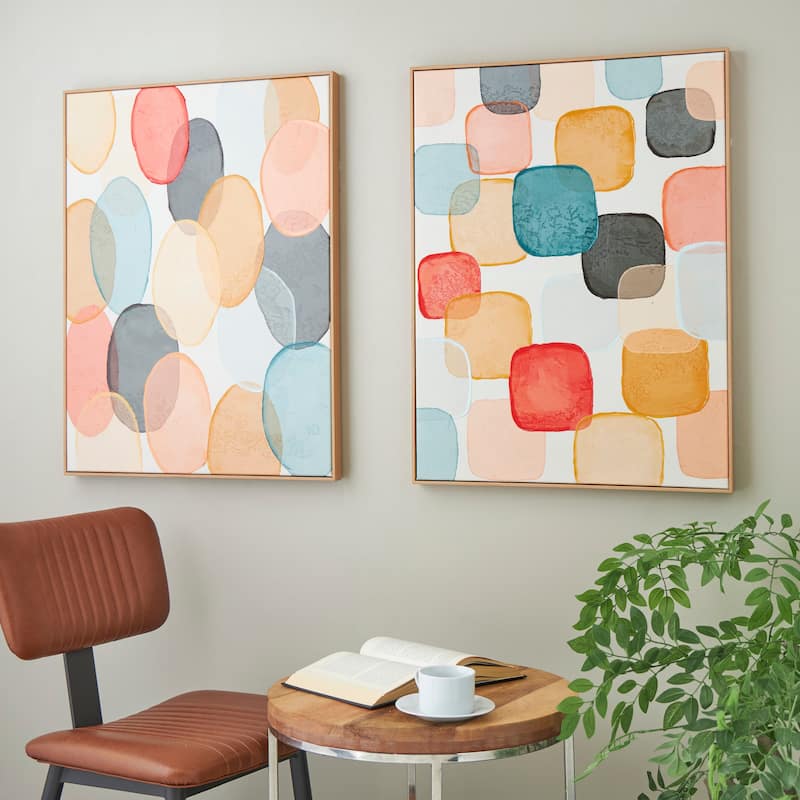 Multi Colored Canvas Small Square Abstract Framed Wall Art with Layered Geometric Shapes (Set of 2)