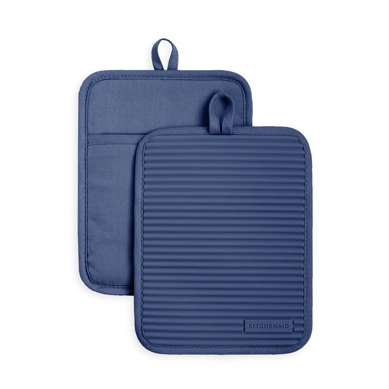 KitchenAid Ribbed Soft Silicone Pot Holder 2-Pack Set, 7"x9" - Blue Willow