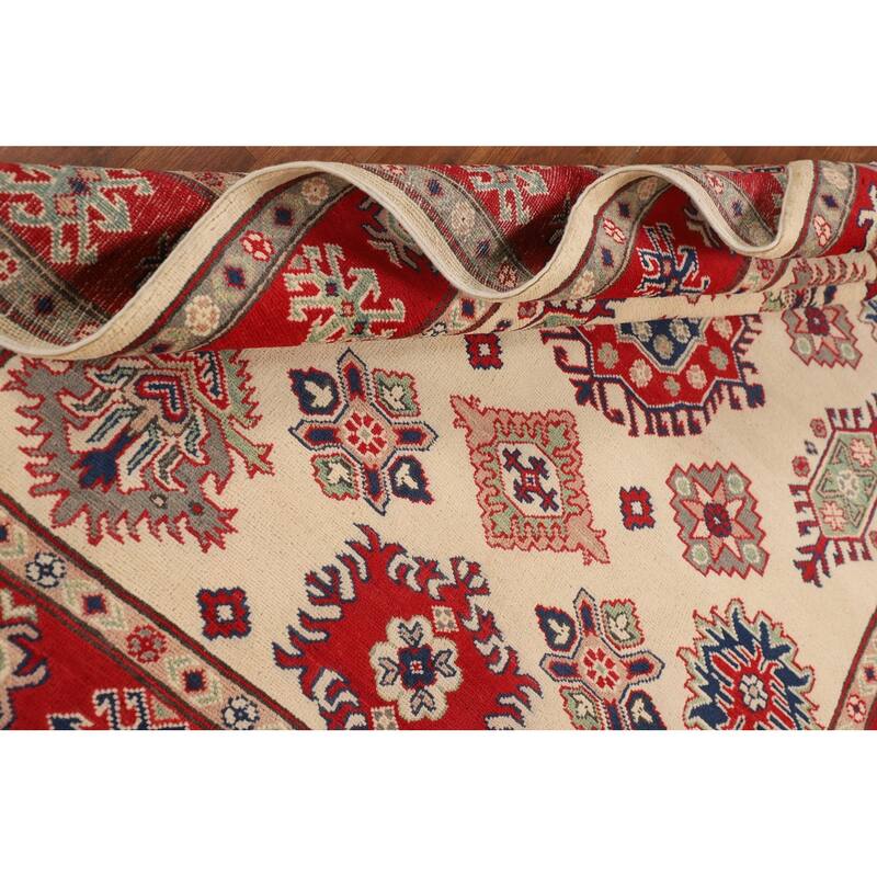 Geometric Kazak Area Rug Hand-Knotted Beige Wool Carpet - 5'2" x 6'6"