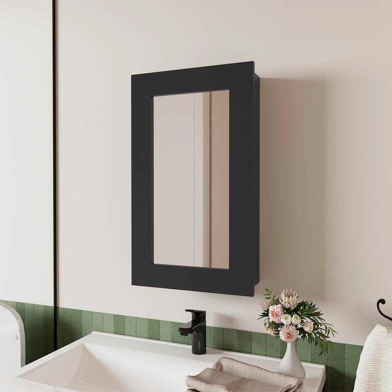 Wall-Mounted Medicine Cabinet with Mirror, 3 Internal Shelves, Space-Saving Design for Bathroom, Black Finish - 5X15.3 in - Black + Particle Board
