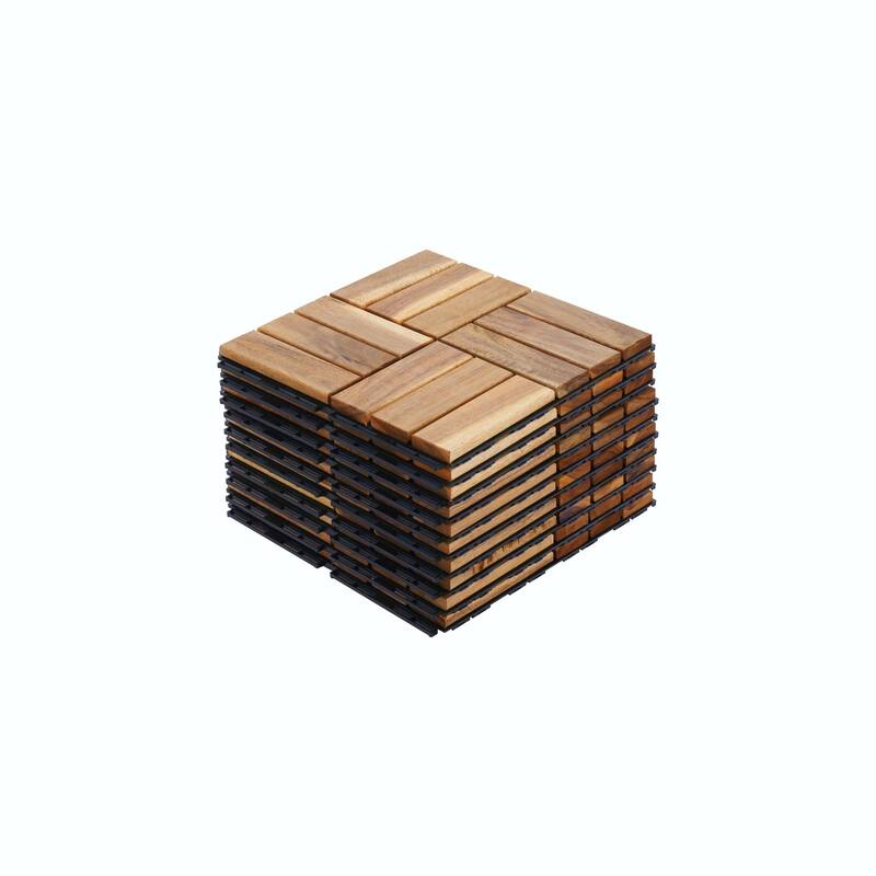 12" x 12" Square Yellow Acacia Hardwood Interlocking Deck Tiles Checker Pattern for Patio, Balcony, Poolside - Yellow - 10PCS