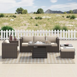 Corvus Kipling 7-piece Resin Wicker Patio Sectional Conversation Fire Pit Set