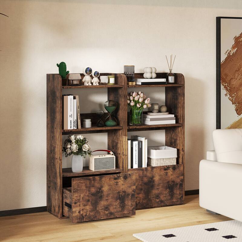 Gymax 2PCS Bookcase w/ Drawer 3-Tier Open Shelf Anti-Toppling Kits for