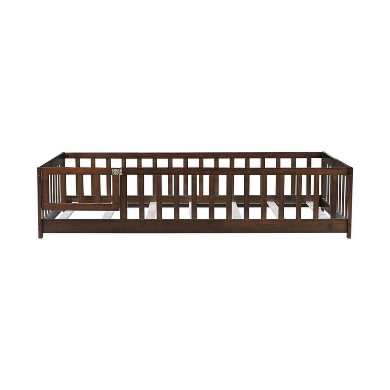 Twin/Full/Queen Size Floor Bed with Fence Guardrails and Door, Rubber Wood Toddler Bed Montessori Bed with Slats Support