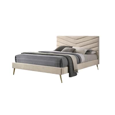 Full Size Upholstered Platform Bed with Chevron Tufted Headboard and Gold Angled Legs