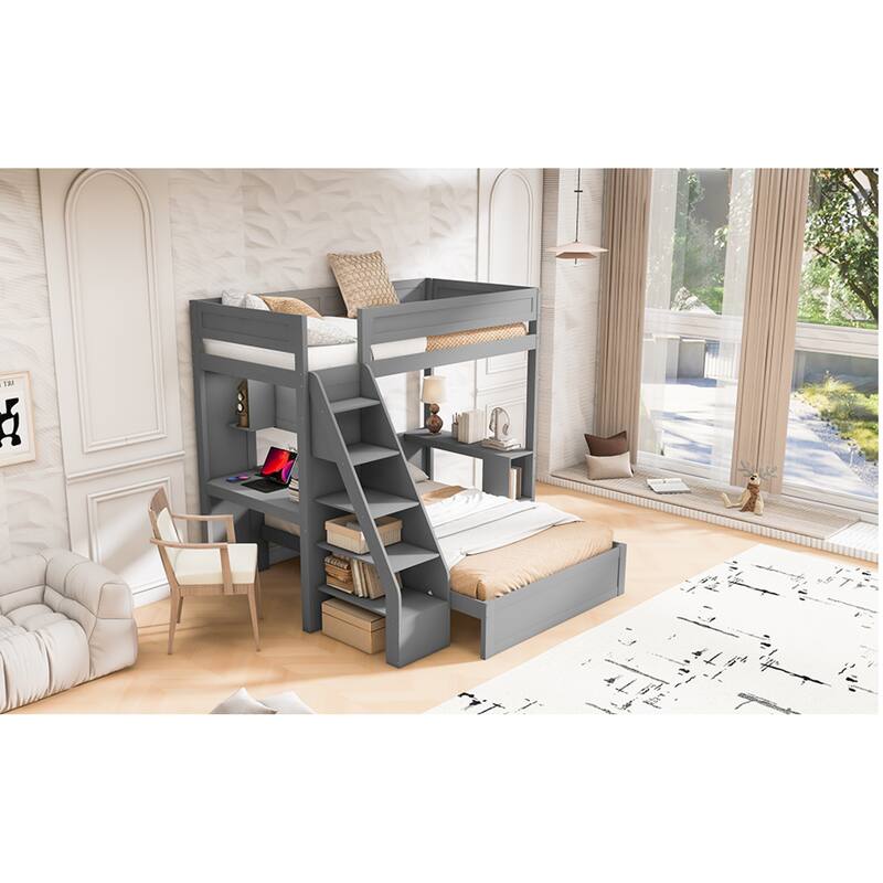 Roomfitters Twin XL Over Full Bunk Bed with Built-In Desk, USB Port and Shelves