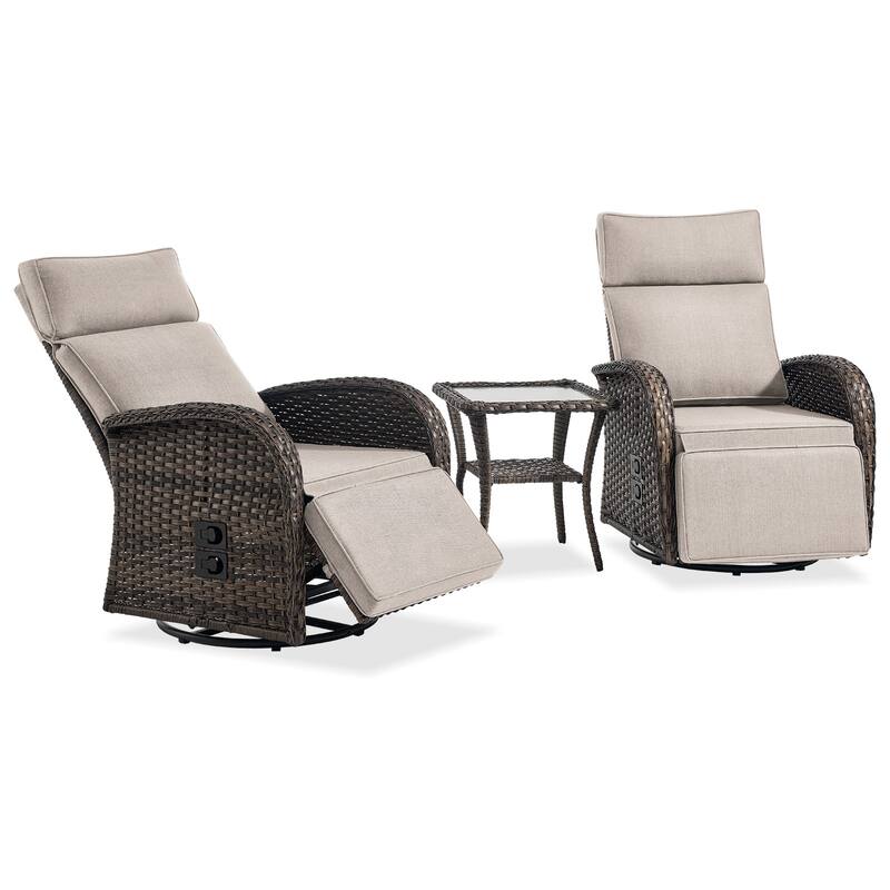 Meyreso 3-Piece Wicker Swivel Reclining Chaise Lounge with Adjustable Backrest & Footrest
