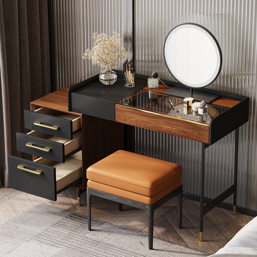 black dressing table with storage Makeup Vanity Desk with Mirror & Lights, Vanity Table Set with Drawer,  Power Outlet, Storage Chair & 3 Shelves  Black