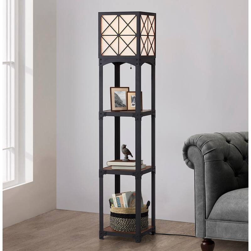 64"H Vintage Iron with Wood Shelves Floor Lamp