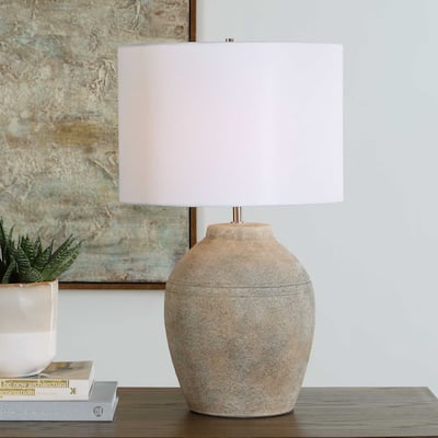 Porch & Den Neutral Ceramic Gold Linen Shade Vase Table Lamp