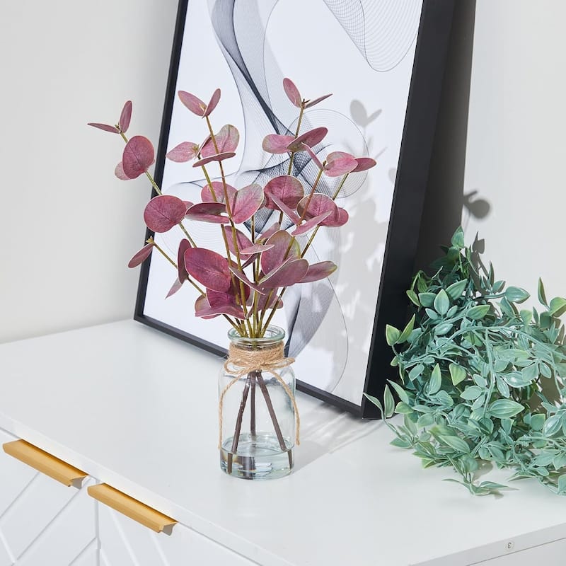 2PCS 13" Artificial Eucalyptus Stems in Vase with Faux Water for Home Decor - 2 pcs