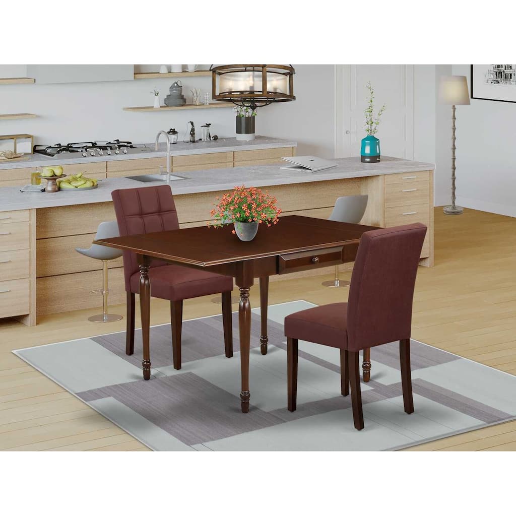 HomeStock 3-Pc Mahogany Finish Rectangular Solid Wood Top with Dropleaf Dining Table Set